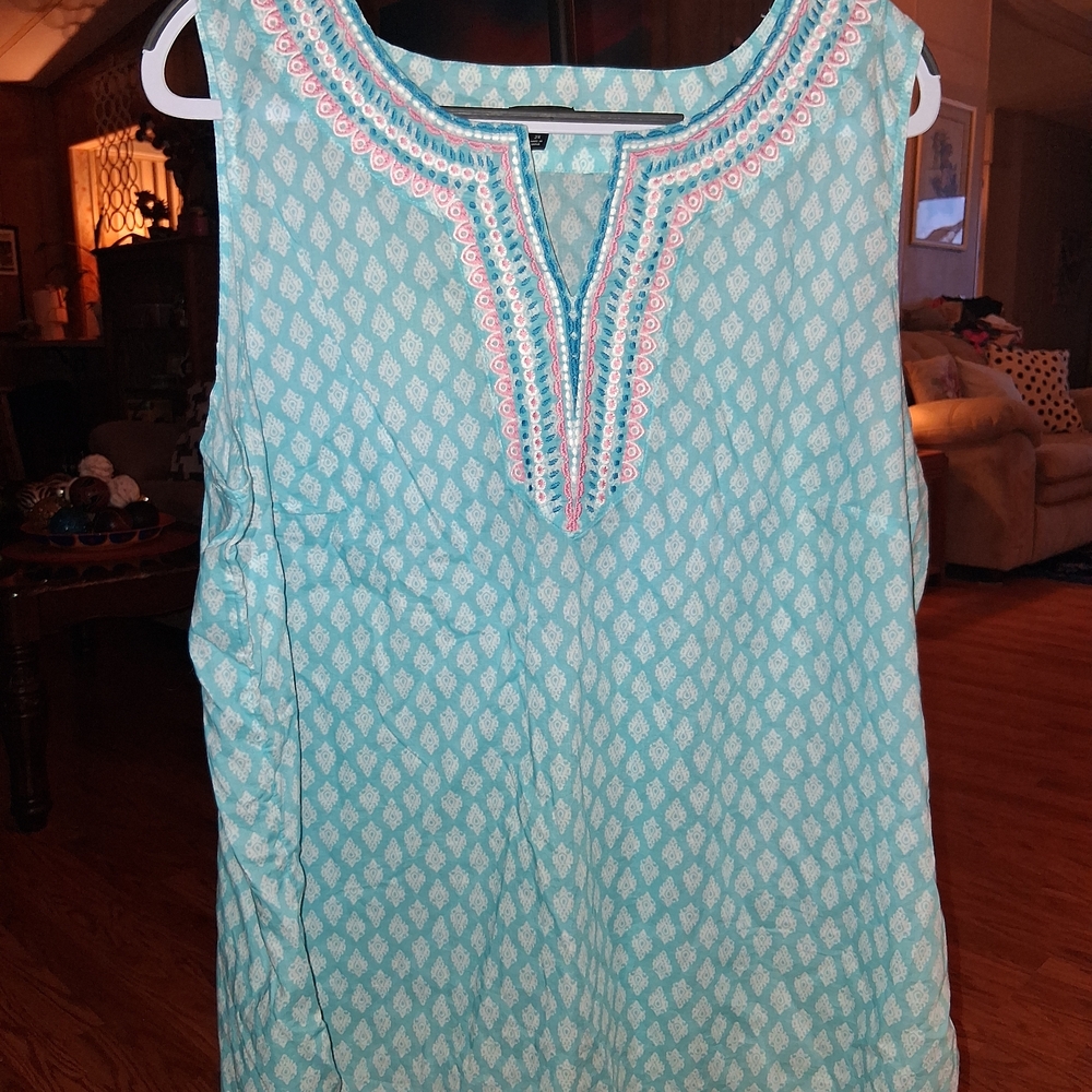 Talbots Teal and Pink Sleeveless Blouse